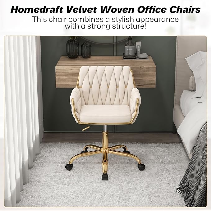 Woven 360°Swivel Desk Chair, Velvet Height Adjustable Home Office Armchair with Golden Base for Teens Women Girls, Upholstery Computer Chair for Home Studios and Office, Woven & Beige
