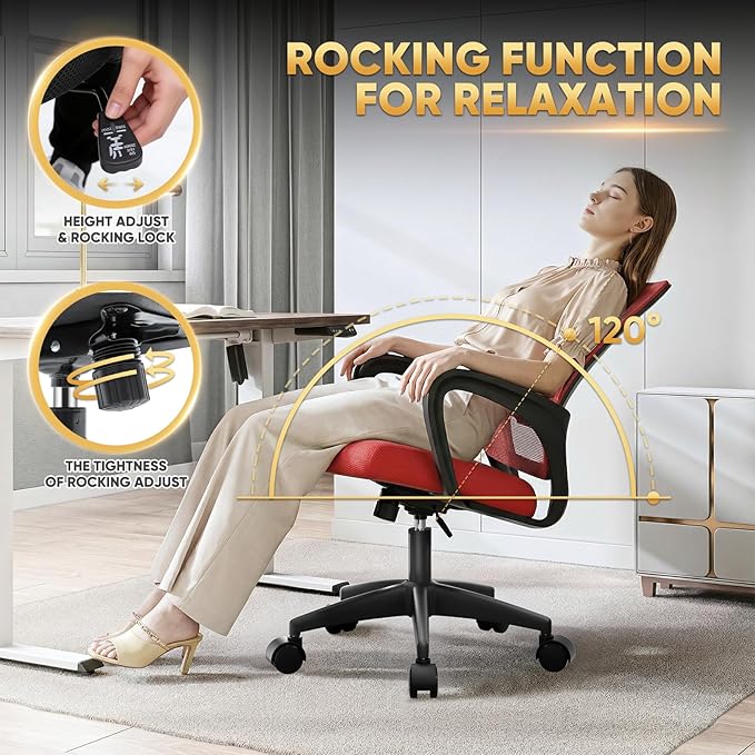 Magshion Ergonomic Office Desk Chair, Mid-Back Mesh Computer Chair, Swivel Chair with Breathable Backrest & Lumbar Support, Adjustable Height for Gaming, Work, Study, 300 Lbs Capacity, Red