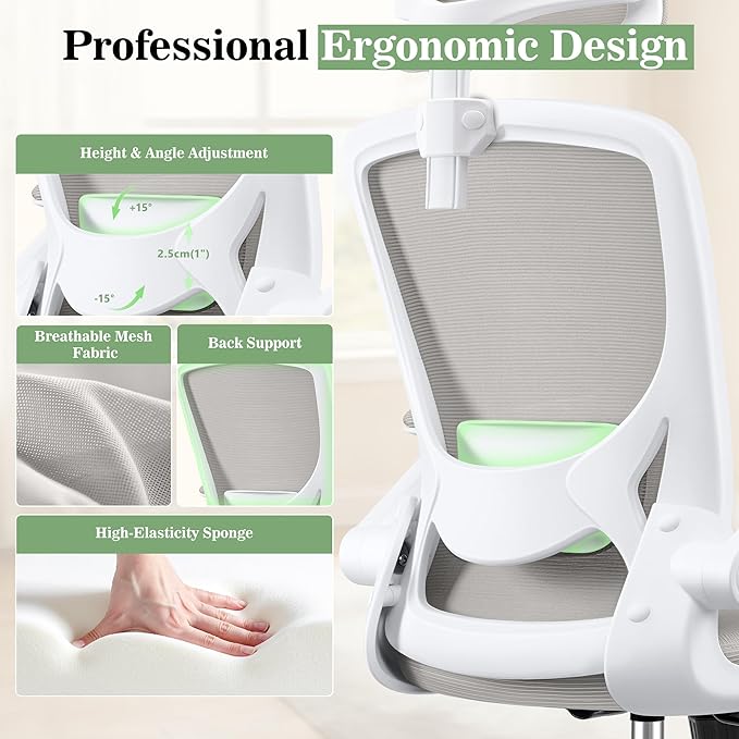 Office Desk Chair, Ergonomic Mesh Office Chair with Adjustable Lumbar Support, Headrest, Flip-up Armrests, Comfortable Computer Chairs for Home, Work, Gaming, (Light Gray, 2 Pack)