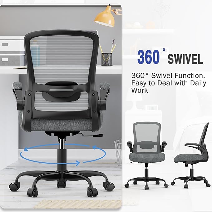 Mimoglad Ergonomic Office Chair - Desk Chair with Flip-up Armrests & 135° Recline, Adjustable Lumbar Support - Space-Saving Task Chair for Business/Team Office & Home (Iron Gray, 300lbs)
