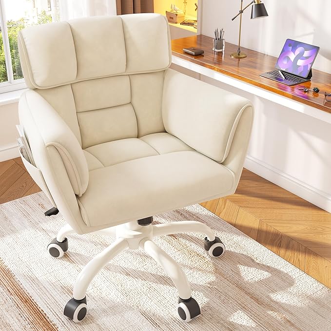 Vanity Chair with Wheels & Soft Velvet Fabric, Desk Chair Comfy with Back, Upholstered Home Office Chair with Side Pockets for Bedroom, Office, Make-up Room, Height Adjustable, Beige
