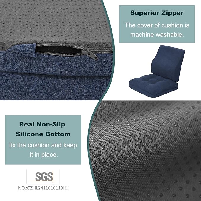 baibu Memory Foam Small Recliner Cushions with Lumbar Support Pillow Set, 18x16x4 Inch Dual-Layer Design Non-Slip Recliner Seat Cushion & Back Support Pillow for Reduce Hip & Lumbar Pain, Navy Blue