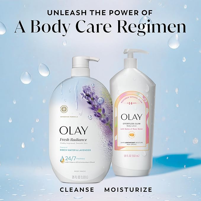 Olay Body Wash for Women, Fresh Radiance, 24/7 Skin-Loving Freshness, Visibly Radiant, Plant Based Cleansers, Vitamin B3 & Antioxidant Blend, For All Skin Types, Birch Water & Lavender Scent, 35 fl oz