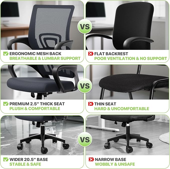 Magshion Ergonomic Office Desk Chair, Mid-Back Mesh Computer Chair, Swivel Chair with Breathable Backrest & Lumbar Support, Adjustable Height for Gaming, Work, Study, 300 Lbs Capacity, Gray