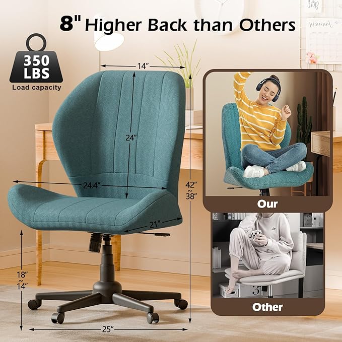 Criss Cross Chair with Wheels, Wide Cross Legged Office Chair Armless Comfy Desk Chair with Tall Back Vanity Chairs with Stress Relief Curved Design Seat for Bedroom & Office & Home Blue