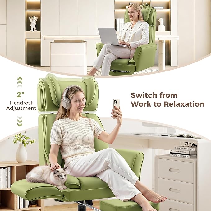 Big and Tall Office Chair, Flip Armrests for Pets & Cross Legged Sitting, Ergonomic Leather Executive Desk Chair with Foot Rest, High-Back Reclining Computer Chairs for Office Home Game - Green