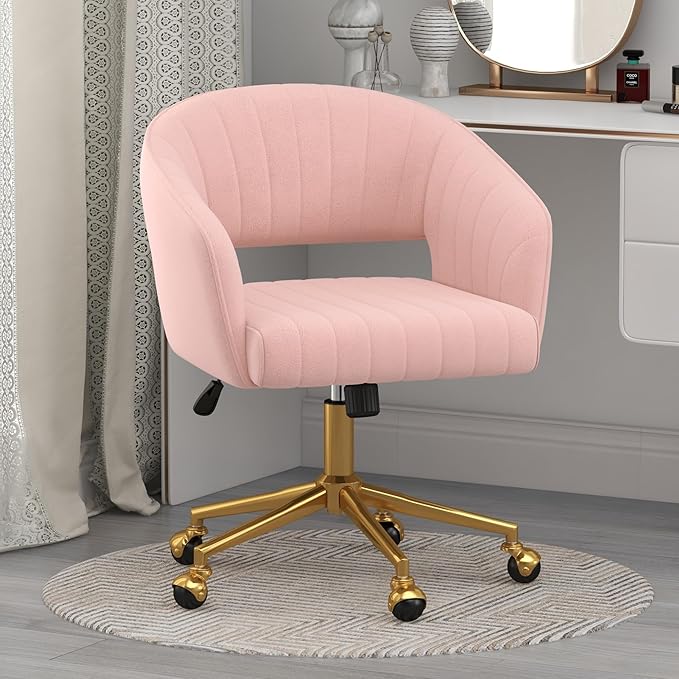 Home Office Chair Swivel Velvet Desk Chair Accent Armchair Upholstered Modern Tufted Chairs with Gold Base for Girls Women Ergonomic Study Seat Computer Task Stools for Living Room(Pink)