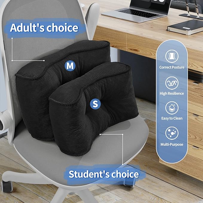 Lumbar Support Pillow for Office Chairs, Bite-Size Natural Latex Foam Back Support Pillow for Lower Back Pain Relief, Soft & Support Corduroy Desk Chair Cushion, M, Black