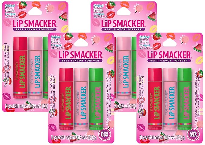 Lip Smackers Flavored Lip Balm Trio Original & Best, Strawberry Watermelon, Cotton Candy, Clear Matte, For Kids, Women, Men,3 Count (Pack of 4)