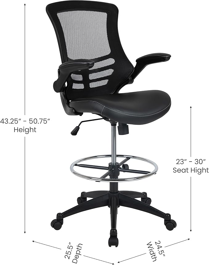 Flash Furniture Kelista Mid-Back Swivel Office Chair with Adjustable LeatherSoft Seat Height, Ergonomic Mesh Chair with Flip-Up Arms, Black