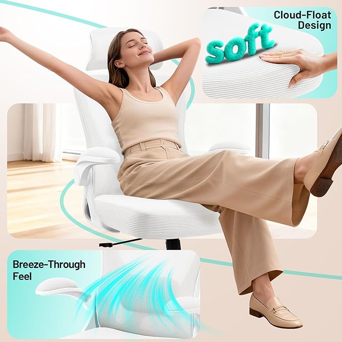 AreShark Office Chair - Ergonomic Desk Chair Breathable Mesh Chair with 2D Headrest & Adjustable Lumbar Support - Executive High Back Rolling Swivel Computer Gaming Chair with Wheels Flip-up Armrests