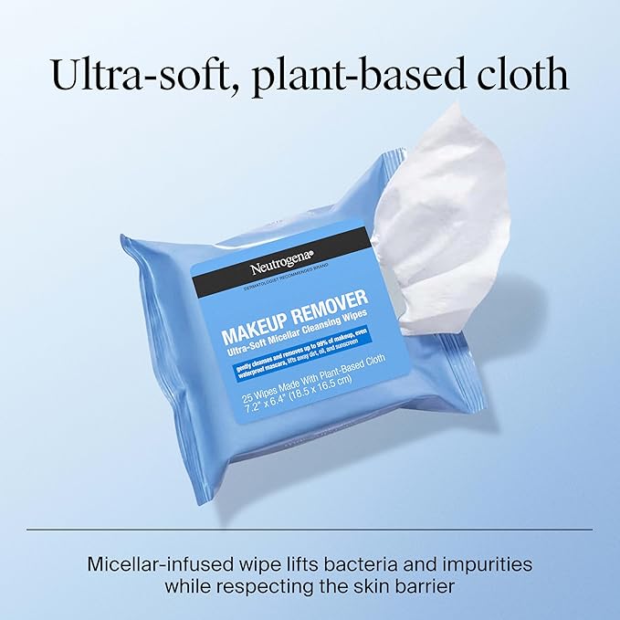 Neutrogena Makeup Remover Wipes, Daily Ultra-Soft Micellar Cleansing Wipes Gently Remove Oil & Makeup with No Heavy Residue, formulated without alcohol & Made with Plant-Based Cloth, 25 ct, 6 Pack