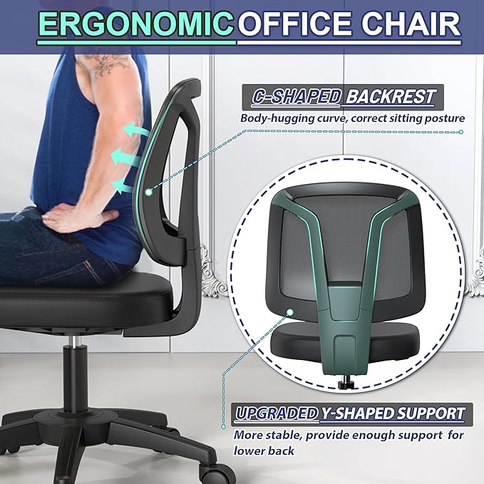 Armless Office Desk Chair No Arms with Back Support Rolling Wheels for Home Study Work