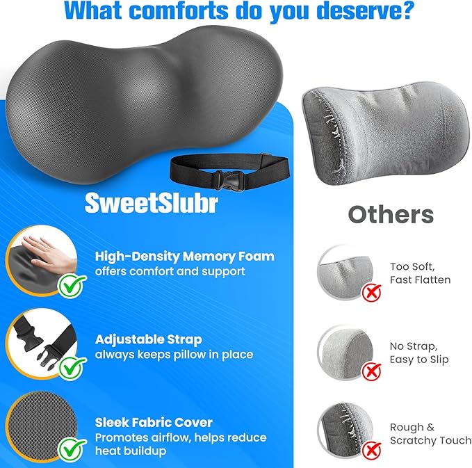 Lumbar Support Pillow for Office Chair - Memory Foam Lumbar Pillow with Detachable Strap & Breathable Cover, Ergonomic Back Support for Office Chair, Car Seat Cushion, Bed Rest (Grey)