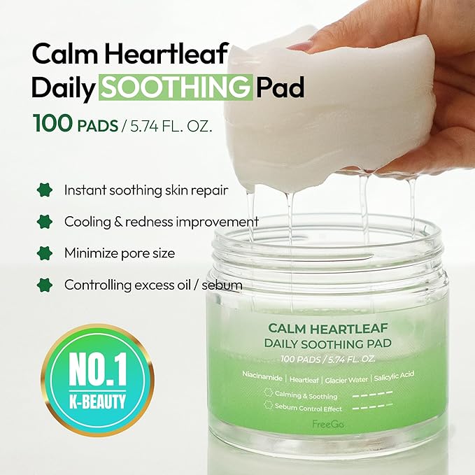 FreeGo Calm Heartleaf Daily Soothing Pad (100 Pads), K-Beauty Korean Skincare Facial Toner Pads for Sensitive or Pimple-Prone Skin, Instant Soothing Skin Repair, Korean Skin Care for Dark Spots