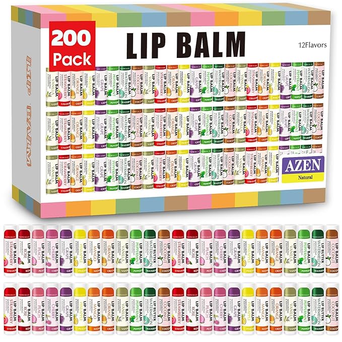 AZEN 200 Pack Lip Balm, Natural Lip Balm Bulk, Lip Care Product, Moisturizing Lip Balms for dry cracked lips, Valentines Gifts Easter Basket Stuffers - 12 Flavors