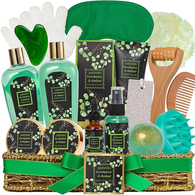 19-Piece Mothers Day Gifts Basket for Women, Premium Eucalyptus Amber Bath Gift Set for Men- Spa Kit, Face Skin Care Kit, Birthday, Valentines, Fathers Day, Christmas, Perfect for Holidays Self Care