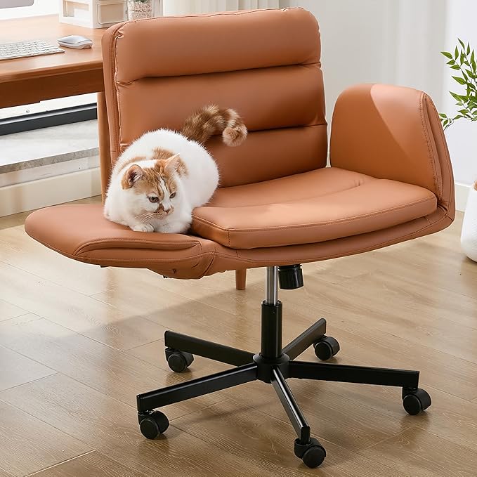 Criss Cross Chair with Flip-Up Arms & Swivel Wheels, Vanity Chair with Adjustable Height & Side Pockets, Comfortable Wide Seat Reclining Computer Office Desk Chairs for Home Office, Make Up, Bed Room