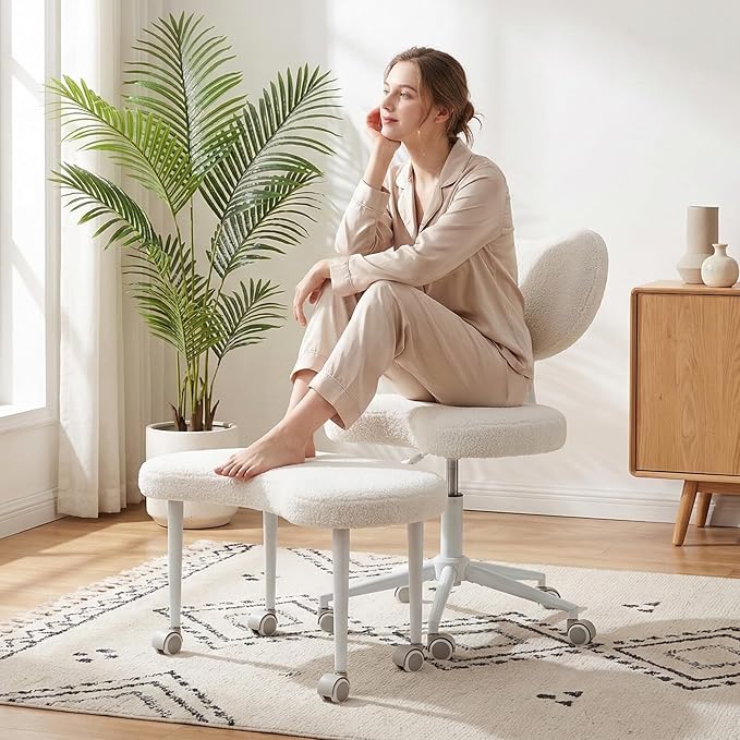 Ergonomic Cross Legged Chair with Wheels,360° Swivel Meditation Chair,ADHD Chair, Criss Cross Desk Chair with Lumbar Support and Adjustable Stool, Flexible Design for Fidgety Sitters, Ivory