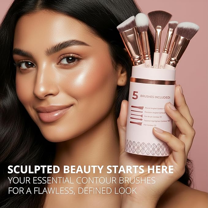 Pro Face Contour Brush Set - Synthetic Contouring Sculpting and Highlighting Kit - Cream Blush Powder Flat Nose Cheek Round Small Angled Fan Tapered Precision Kabuki Foundation Makeup Brushes