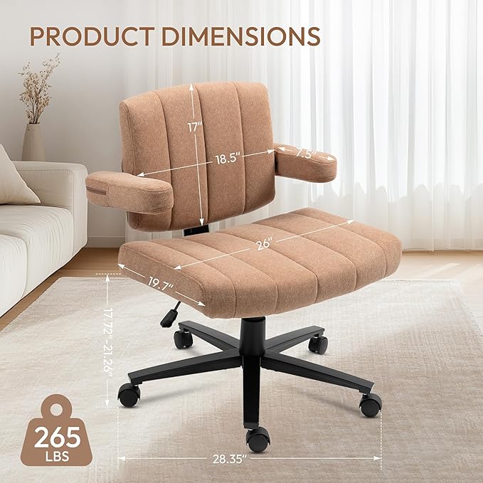 Criss Cross Chair with Wheels – Comfortable Vanity Chair, Wide Rolling Legged Office Chairs Arms, Adjustable Desk Comfy for Home Office, Swivel Task (Brown)