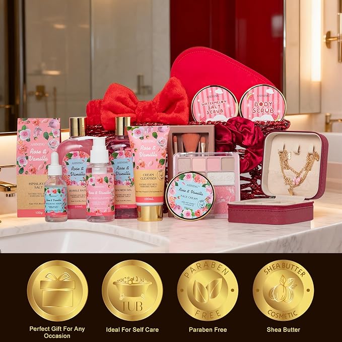 Bath and Body Gift Basket Set Mothers Day, 16 Pcs Luxury Rose & Vanilla Scent Spa Gift Basket Set for Women, Watermelon Body Scrub, Perfect Bath & Body Gift Set, Home Spa Bath Pamper Gifts Teens