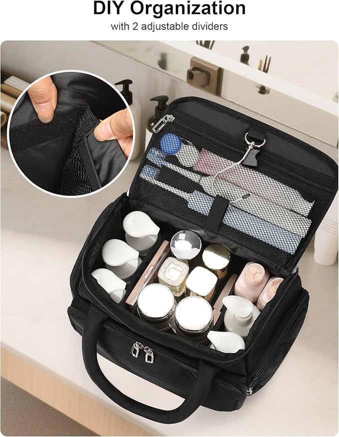 Hanging Toiletry Bag for Women - Travel Makeup Organizer with Brush Compartment, Portable Toiletry Bag with Removable Dividers for Full-size Container, Lightweight Cosmetic Case for Trip - Black