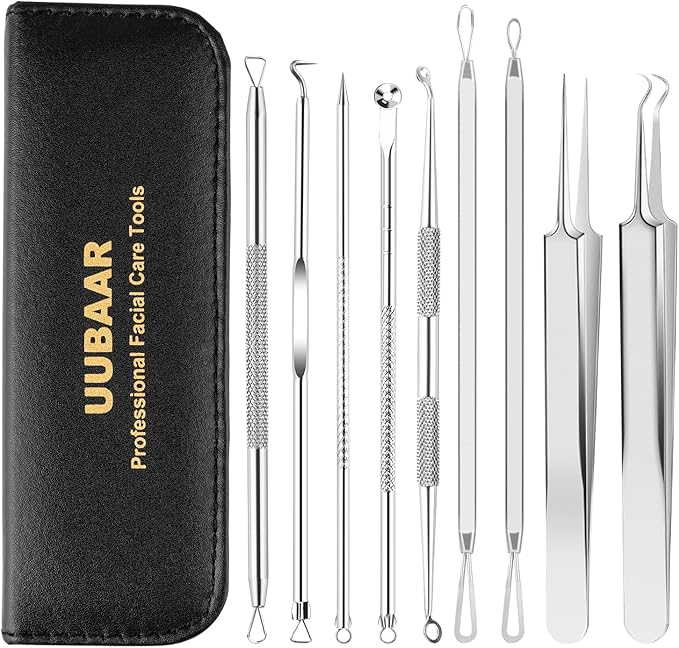 Blackhead Remover Tools, 9PCS Pimple Popper Tool Kit - Stainless Steel Pimple/Comedone Extractor & Tweezers for Acne/Zit Removal, Nose & Face Extraction Tools for Estheticians with Leather Case