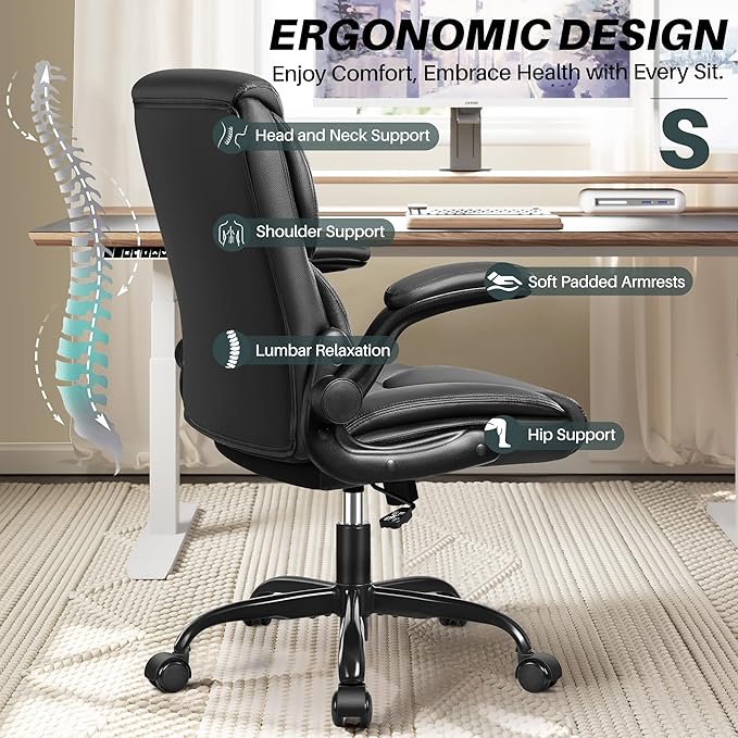 FelixKing Leather Office Chair - Small PU Ergonomic Desk Chair, Comfy Computer Chair with Wheels and Flip-up Armrests, Adjustable Height Mid Back Executive Office Chair for Short People-Black