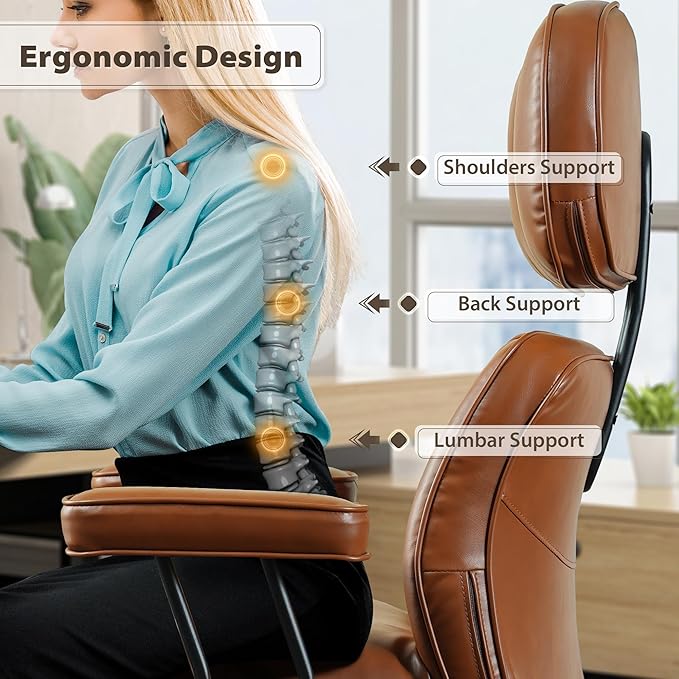 HOOOWOOO Ergonomic Office Chair,Mid Century Modern Computer Desk Chair,Comfy Executive Chair with Extra Wide Tufted Cloudy Seat Lumbar Support High Reclining Back,PU Leather Brown