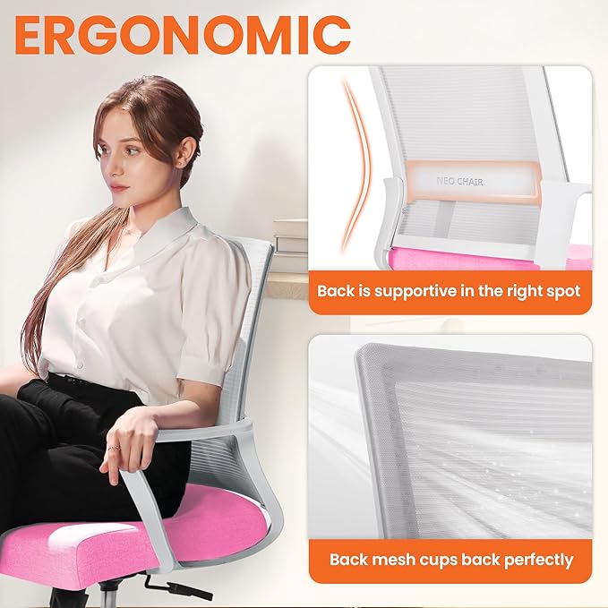 NEO Chair Office Chair Gaming Desk Computer Chair Ergonomic Mesh Mid Back with Wheels Lumbar Support Comfy Swivel Adjustable for Home (Pink)