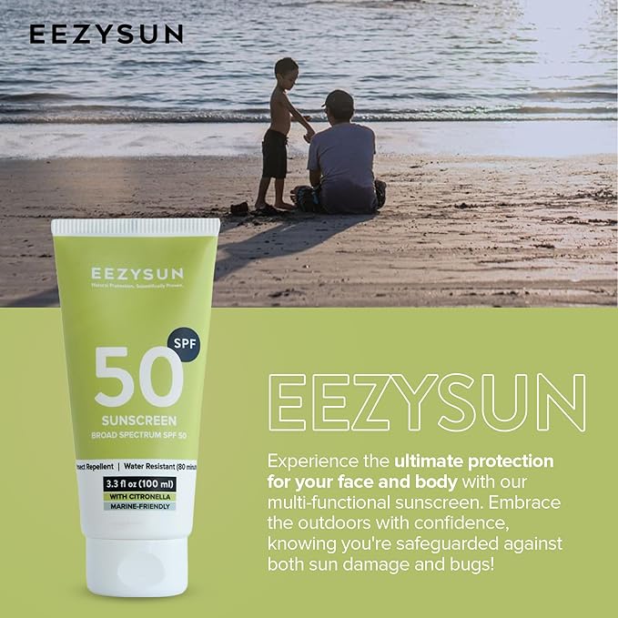Sunscreen SPF50 with Insect Repellent - Water-Resistant Sunscreen Bug Repellent Combo with Citronella Oil, Lemongrass, Neem Oil - Vacation, Beach Essentials, Face & Body Sun Care - 3.3 fl oz