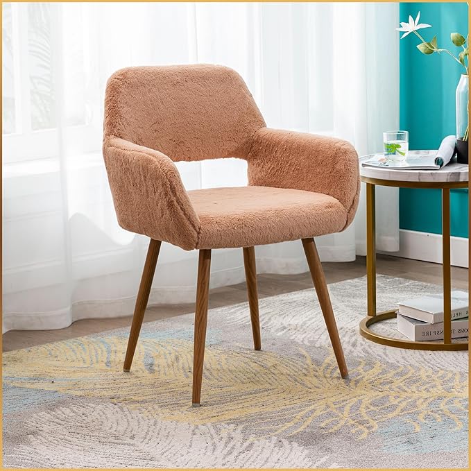 Furry Desk Chair Set of 2, Modern Home Office Chair Without Wheels, Faux Fur Vanity Chair with Hollow Backrest, Comfy Armchair Wood Frame with Strudy Metal Legs, Camel