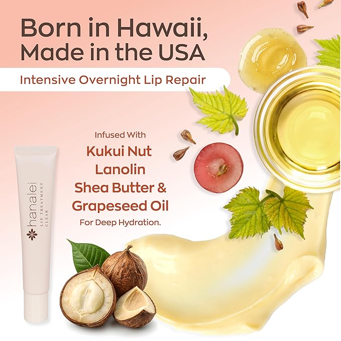 Hanalei Lip Treatment for Dry, Chapped Lips – Intensive Overnight Moisturizer with Kukui Oil, Shea Butter & Grapeseed Oil – Hydrating Balm for Healing Cracks – Peach Pink Tint, 15g – Cruelty-Free