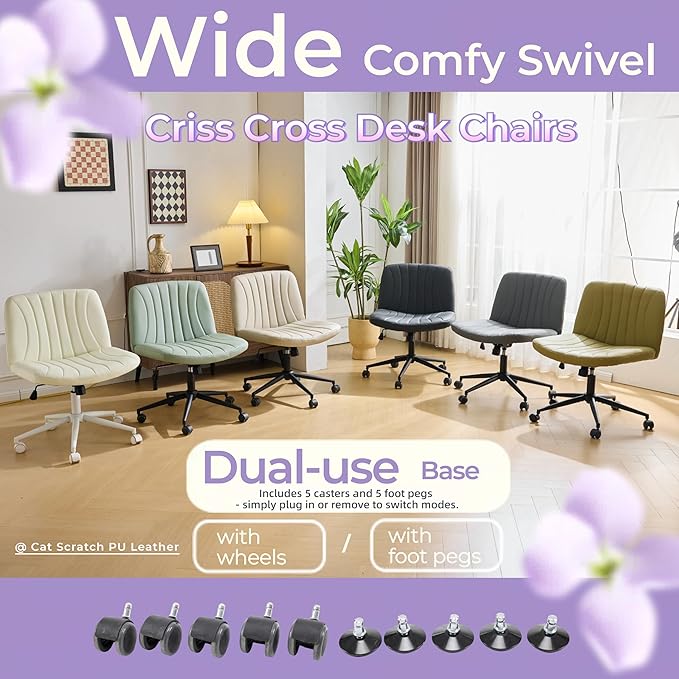 VINGLI Criss Cross Legged Chair,Wide Comfy Office Desk Chair,Dual-Use with/no Wheels Computer Task Chair,Swivel Armless Vanity Rolling Chair for Study,Make Up,Home Office,Cat Scratch PU Leather,Black