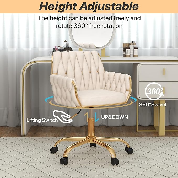 Velvet Home Office Chair, Modern Height-Adjustable Vanity Chair with Golden Base and Hand-Woven Backrest for Bedroom/Study/Vanity (Beige)