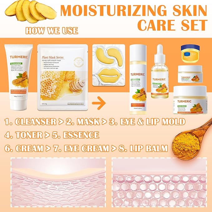 11PCS Turmeric Skincare Set, Skin Care Set with Turmeric Face Wash, Eye Cream, Toner, Facial Cream, Face Serum, Moisturizing Tinted Lip Balm, Under Eye Patches Set with 3 Honey Facial Masks