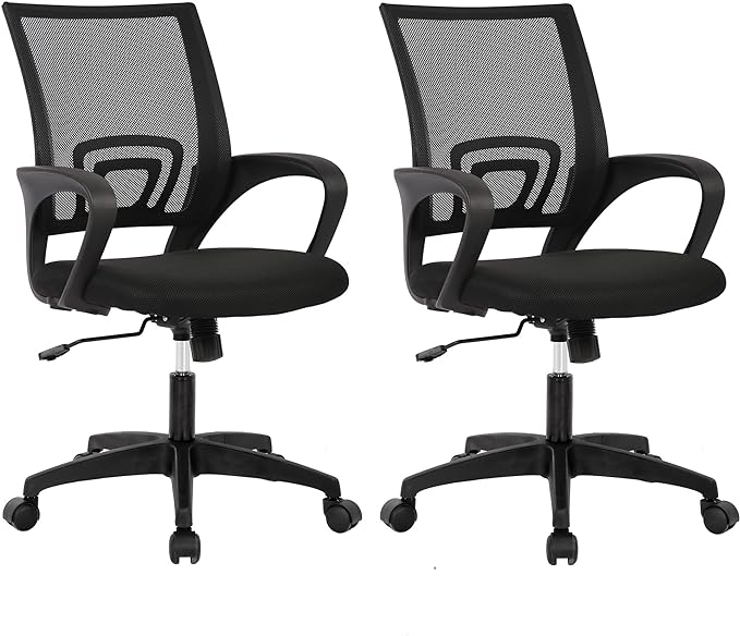 BestOffice | Ergonomic Office Chair | Mid-Back Swivel Desk Chair | Breathable Backrest & Lumbar Support | Adjustable Height | Sponge Seat | Rolling Wheels | Black | for Adults & Women | Pack of 2