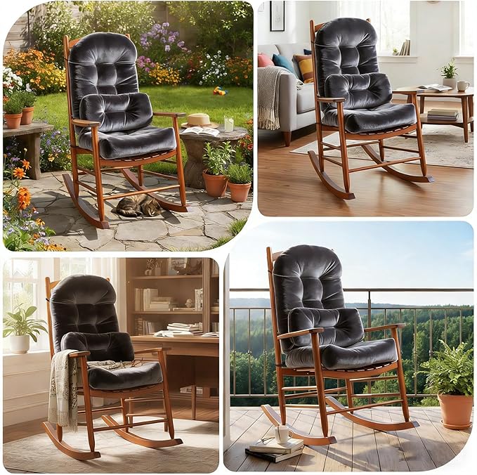 Rocking Chair Cushion Indoor Large Chair Pads Set with Ties Extra Lumbar Pillow Premium Dutch Velvet High Resilience Filler Non-Slip Bottom, Grey
