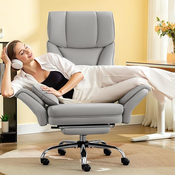FelixKing Big and Tall Office Chair, 400LBS Wide Leather Executive Chair, Reversible Armrest for Pets Criss Cross Legged, 135° Reclining High Back Gaming Desk Chair with Lumbar Support Footrest, Gray