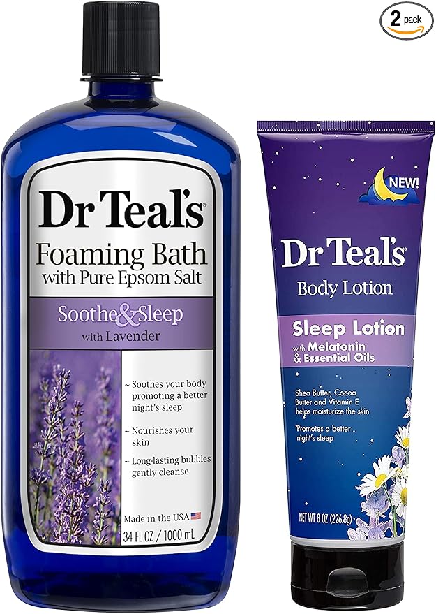 Dr Teal's Foaming Bath & Body Lotion Gift Set (2 Pack, 42oz Total) - 34oz Soothe & Sleep Lavender Foaming Bath & 8oz Nighttime Therapy Melatonin Body Lotion - for a Better Nights Sleep