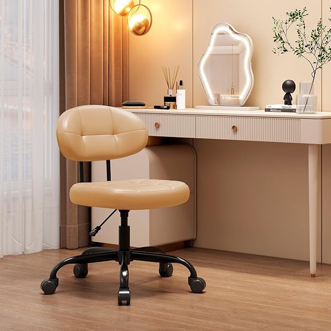 Misolant Vanity Chair with back, Small Armless Cute office Chair with wheels and Lumbar support, Comfy PU Leather Desk Computer Chairs with Adjustable Height, 360°Swivel for Home Bedroom Office, Khaki