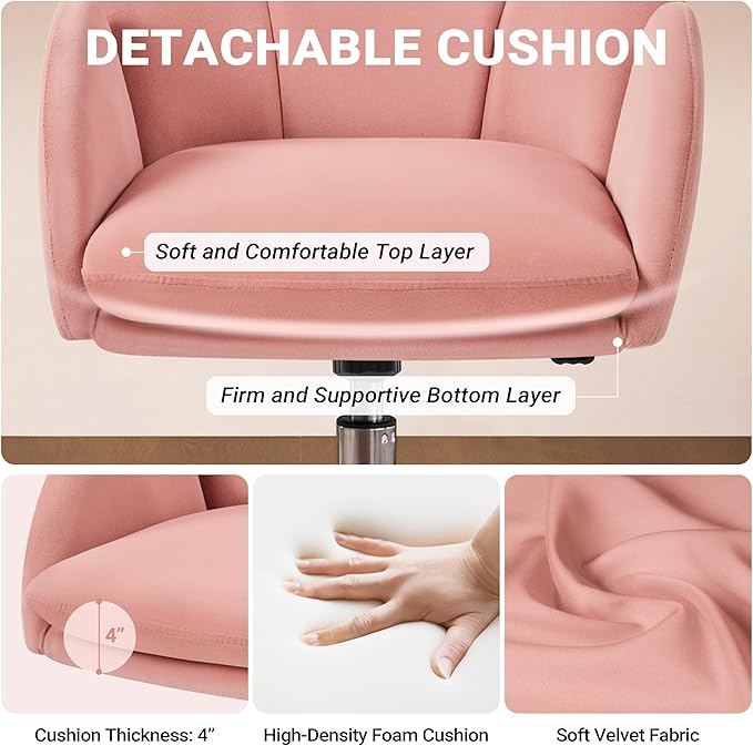 Yaheetech Pink Desk Chair Vanity Chair Comfy Velvet Chair Cute Desk Chair for Home Office Modern Swivel Rolling Chair for Bedroom, Living Room, Makeup Room Women