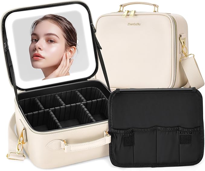 SJD Travel Makeup Bag with LED Mirror, Portable Cosmetic Case Organizer with Lighted Mirror, Waterproof Makeup Case for Cosmetic Brush Holder Storage, Black Toiletry Bag for Women Gift