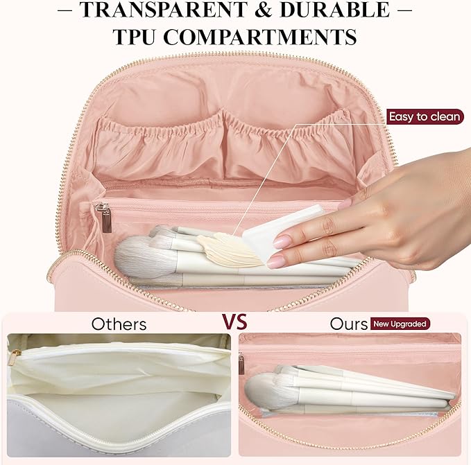 Travel Makeup Bag, Large Capacity Cosmetic Bags for Women, Waterproof Portable Pouch Open Flat Make up Organizer Bag with Dividers and Handle, Toiletry Bag for Essentials