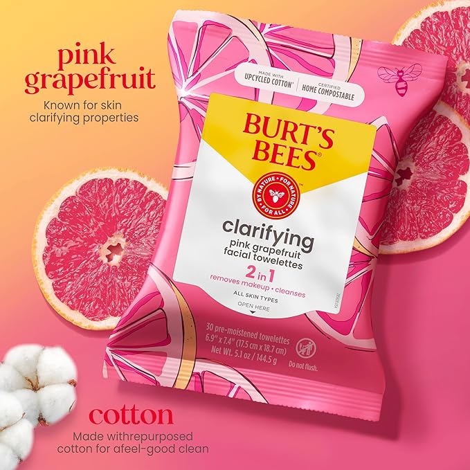 Burt's Bees Pink Grapefruit Face Wipes, for All Skin Types, Hydrating Makeup Remover & Facial Cleansing Towelettes, 30 Ct. (6-Pack)