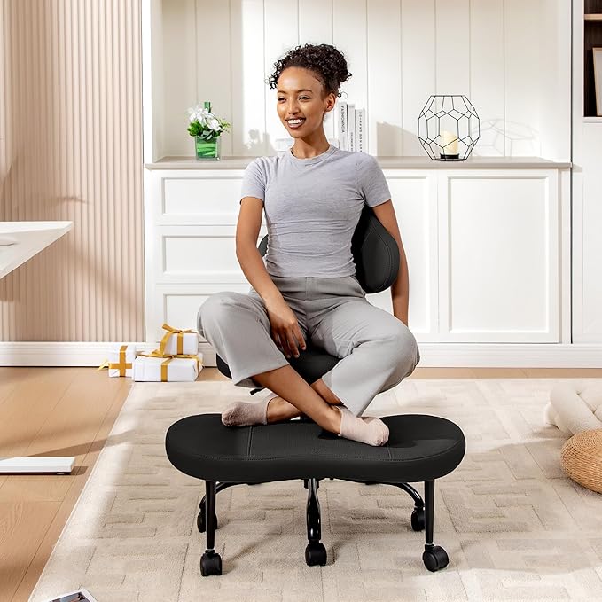 Cross Legged Office Chair, Criss Cross Desk Chair ADHD Meditation Kneeling Yoga Seat with Adjustable Height, Lumbar Support, Wider Footrest and Wheels (Black)
