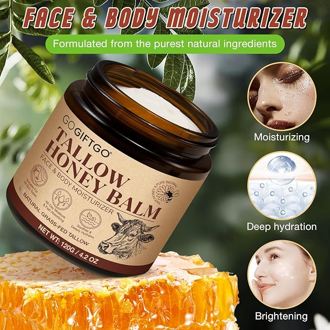 Beef Tallow for Skin,Beef Tallow for Face,Beef Tallow and Honey Balm,Grass Fed Whipped Tallow Honey Balm,Natural Moisturizer Hydrates,Deeply Nourishes the Skin, Enhances Natural Radiance
