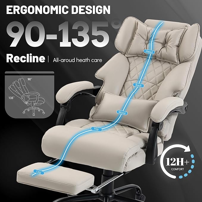Massage Office Chair with Foot Rest,6 Points Vibration & Heat Executive Office Chairs for Heavy People,500LBS Big and Tall Office Chair,Ergonomic Reclining Desk Chair,Dual-Use Pillow,Beige