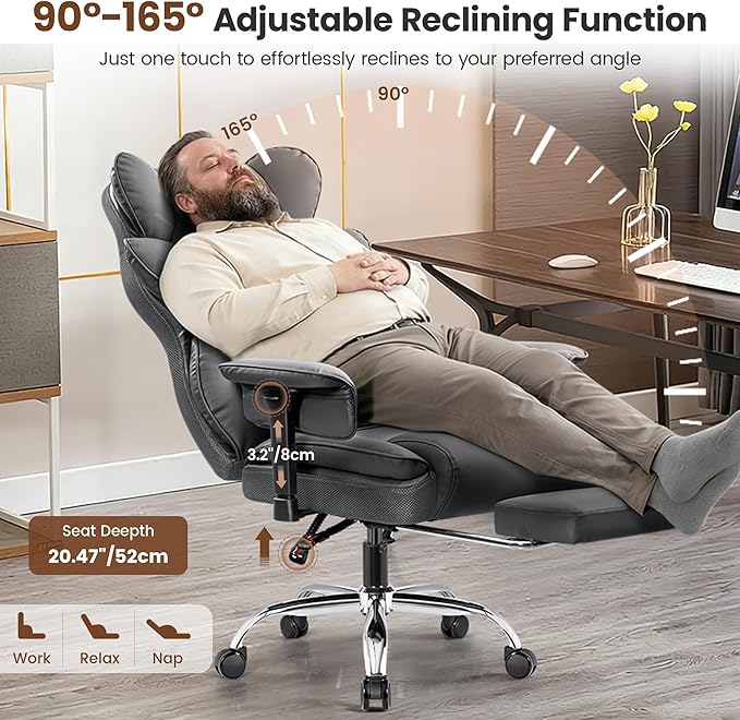 Big and Tall Office Chair - High Back Executive Chair with Footrest & Lumbar Support for Heavy People, Adjustable Arms, Padded Wide Seat Computer Gaming Chair, Gray 2 Pack